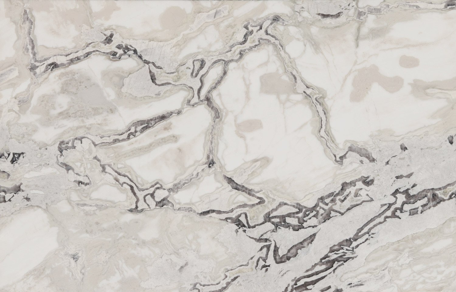 Dover White marble countertops with bold gray and beige patterns, perfect for kitchen countertops and fireplaces by Granite Guy Inc.