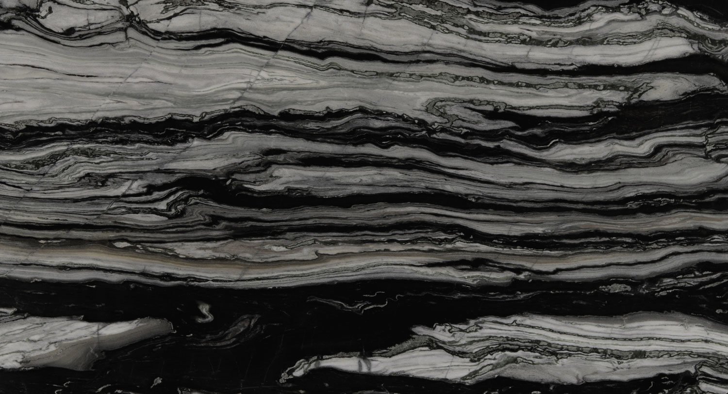 White Pinned marble countertops with bold black and white flowing patterns, perfect for kitchen countertops by Granite Guy Inc.