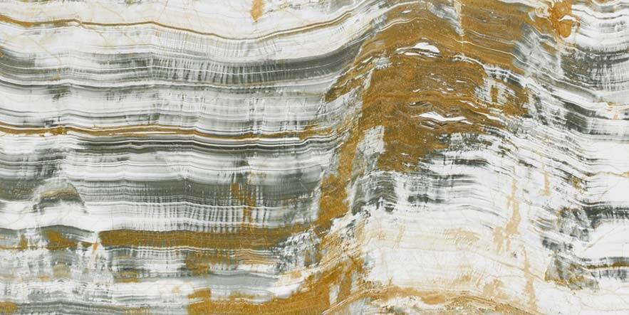 Onyx Aqua Polished countertops with flowing gold and gray striations for kitchen countertops. Onyx by Granite Guy Inc.