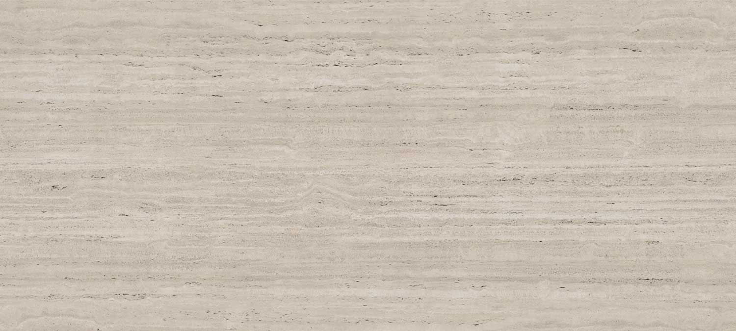 Dekton Nebu porcelain for kitchen countertops, also great for shower walls, in a layered beige travertine look. Porcelain by Granite Guy Inc.