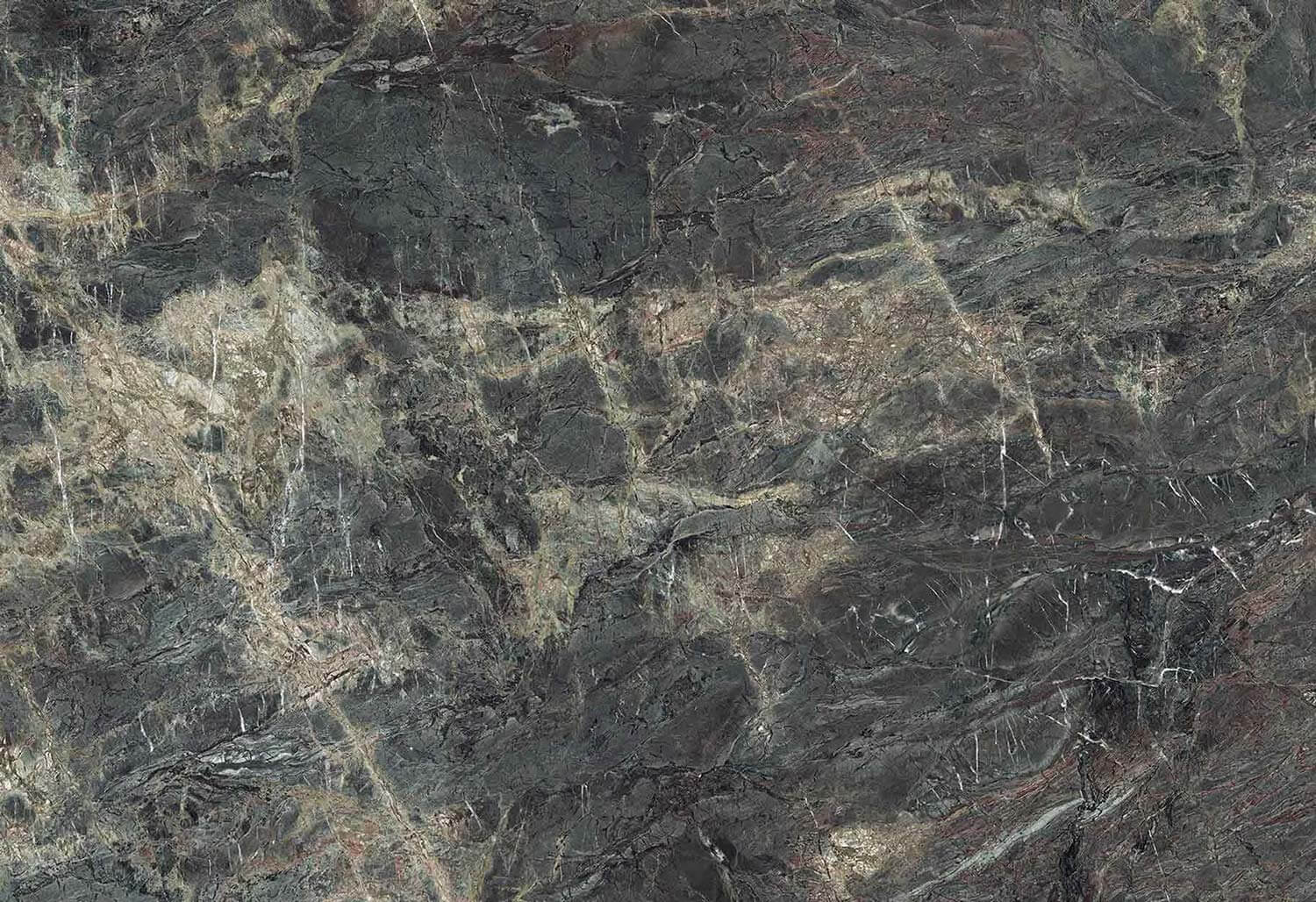 Neolith Amazonico countertops with dark forest tones and bold pattern, ideal for kitchen countertops. Neolith porcelain by Granite Guy Inc.