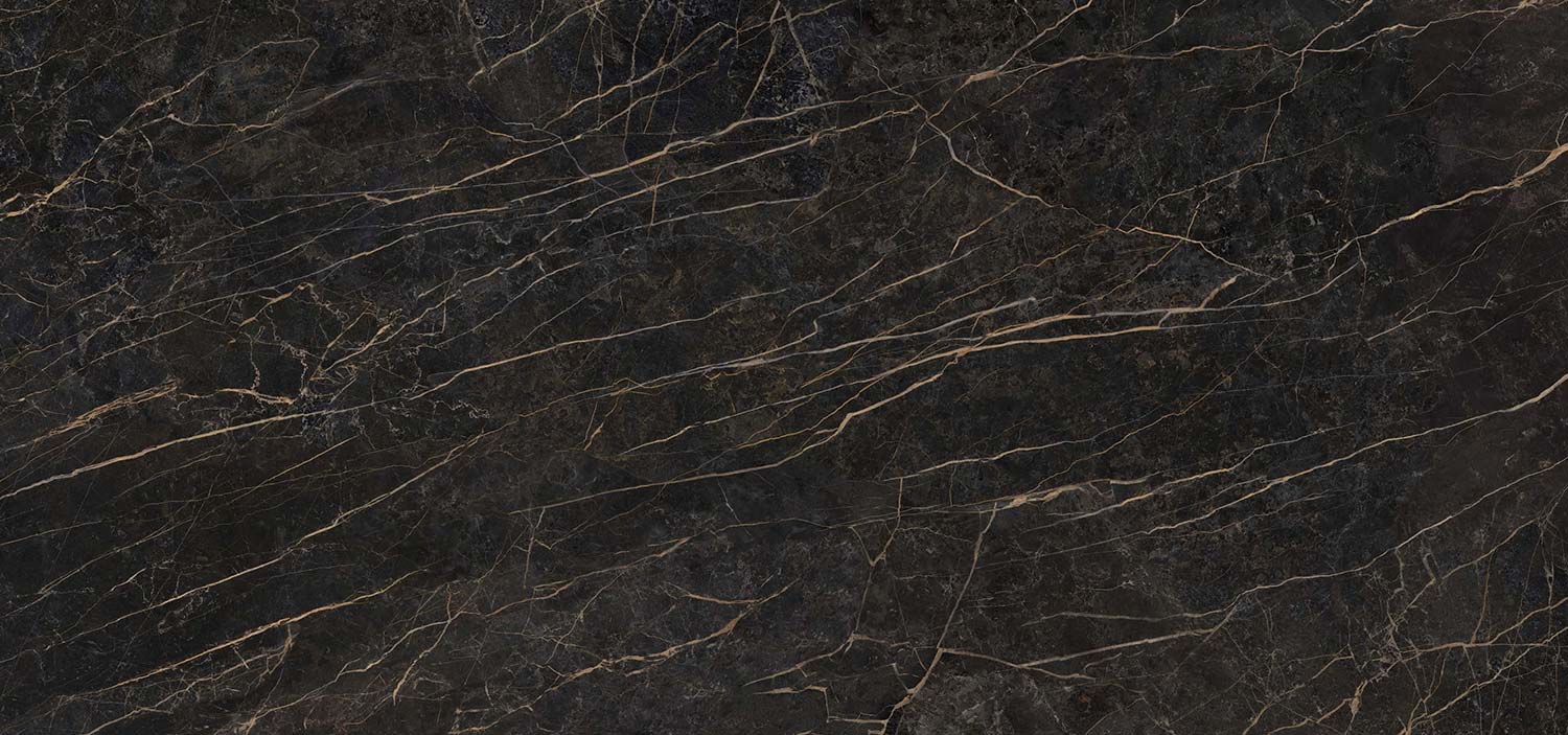 Neolith Black Obsession countertops with bold gold veining on a black base, perfect for kitchen countertops or shower walls. Neolith porcelain by Granite Guy Inc.