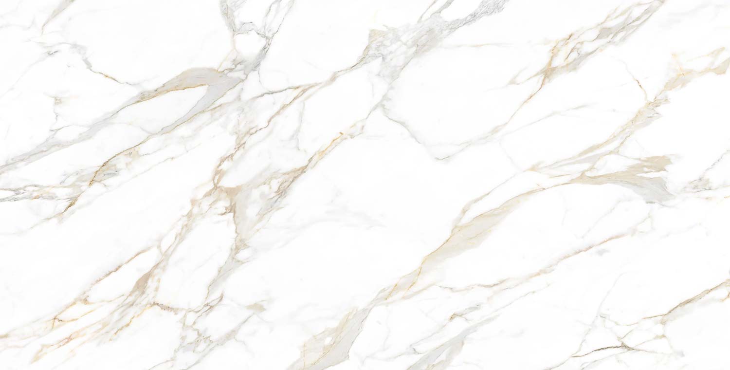 Neolith Calacatta Roma countertops with gold and gray veining on white, ideal for kitchen countertops or shower walls. Neolith porcelain by Granite Guy Inc.