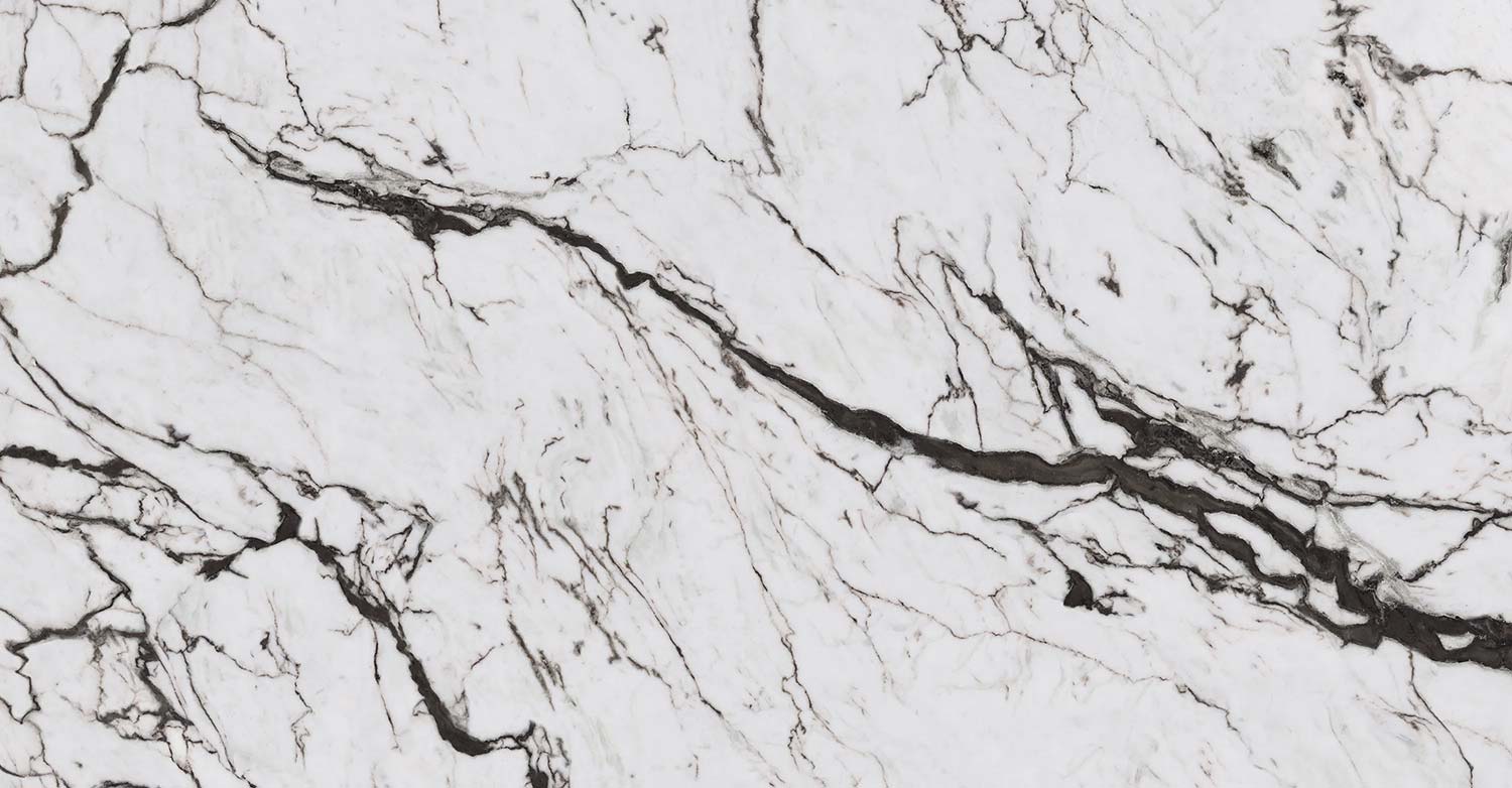 Neolith San Simone porcelain kitchen countertops with bold white base and dramatic dark veining. Neolith porcelain by Granite Guy Inc.