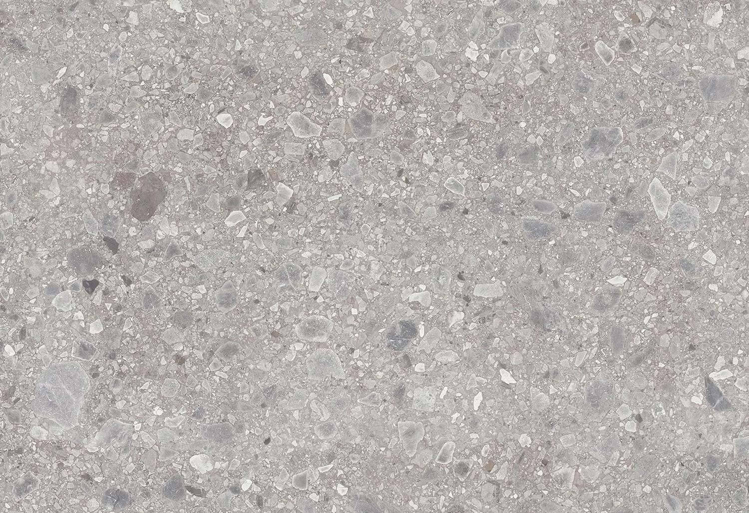 Neolith Terrazo Ceppo porcelain kitchen countertops with bold gray stone chip pattern. Neolith porcelain by Granite Guy Inc.