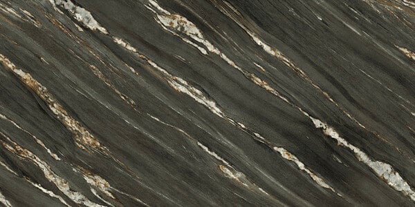 SapienStone Kuroca 4D porcelain kitchen countertops with bold black and brown streaks and golden veining by Granite Guy Inc.