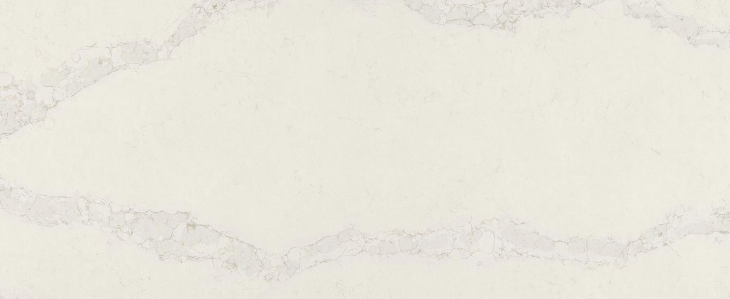 Caesarstone Quartz 5115 Calacatta Stillstorm countertops in white with bold grey patterns, ideal for kitchen countertops. Caesarstone quartz by Granite Guy Inc.