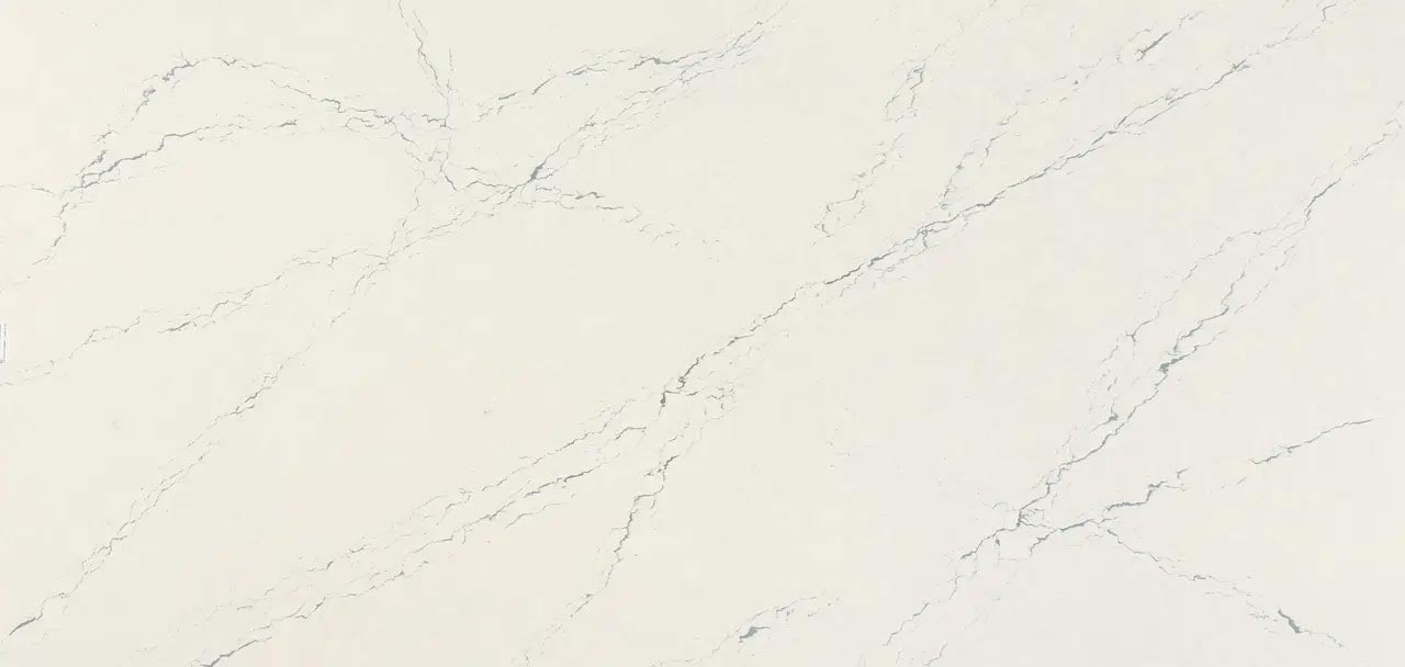 Cambria Quartz countertops in Berkshire Steel Sculpted with soft white tones and gray veining, perfect for kitchen countertops by Granite Guy Inc.
