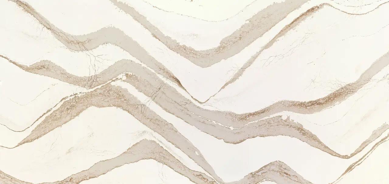 Cambria Quartz Brittanicca Gold Cool countertops with golden veining on white, perfect for kitchen countertops by Granite Guy Inc.