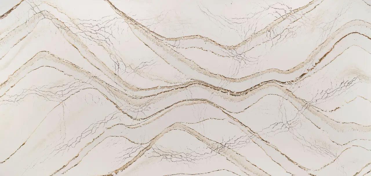 Cambria Quartz Clovelly countertops with gold and taupe veining on cream base, perfect for kitchen countertops by Granite Guy Inc.