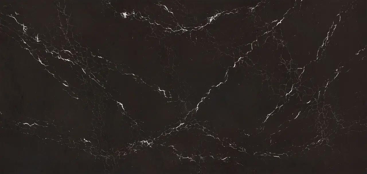 Cambria Quartz Delamere countertops in deep black with bold white veining, perfect for kitchen countertops by Granite Guy Inc.