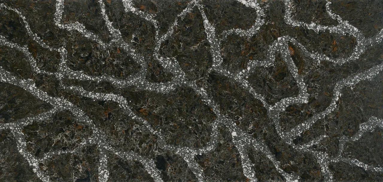 Cambria Quartz Ellesmere countertops with black base and bold white veining, perfect for kitchen countertops by Granite Guy Inc.