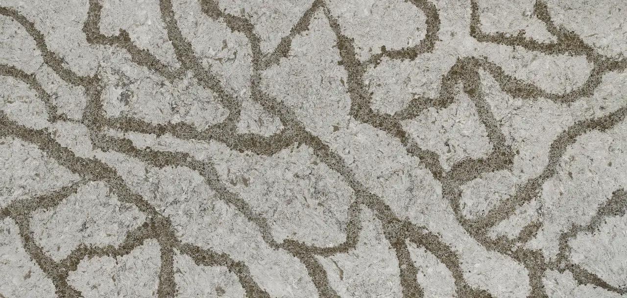 Cambria Quartz Galloway countertops with bold veining on textured gray base, perfect for kitchen countertops by Granite Guy Inc.