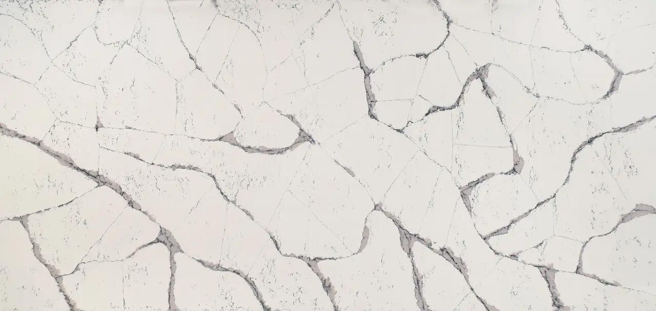 Cambria Quartz Harrogate countertops with fractured gray veining on white, perfect for kitchen countertops by Granite Guy Inc.