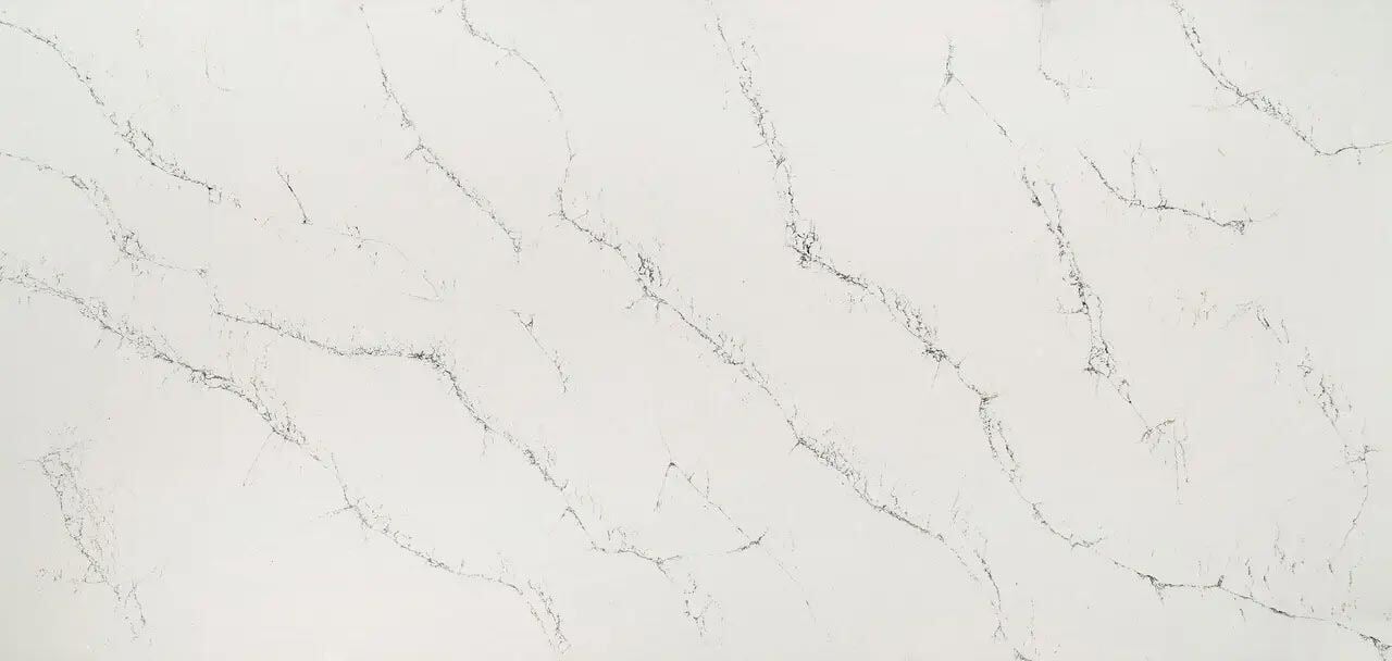 Cambria Quartz Hawksmoore countertops with fine gray veining on white base, perfect for kitchen countertops by Granite Guy Inc.