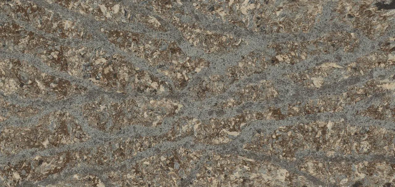 Cambria Quartz Helmsley countertops with river-like veining in brown and gray, perfect for kitchen countertops by Granite Guy Inc.