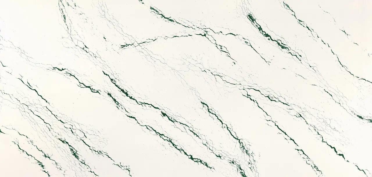 Cambria Quartz Ivybridge countertops with bold emerald green veining, perfect for kitchen countertops by Granite Guy Inc.