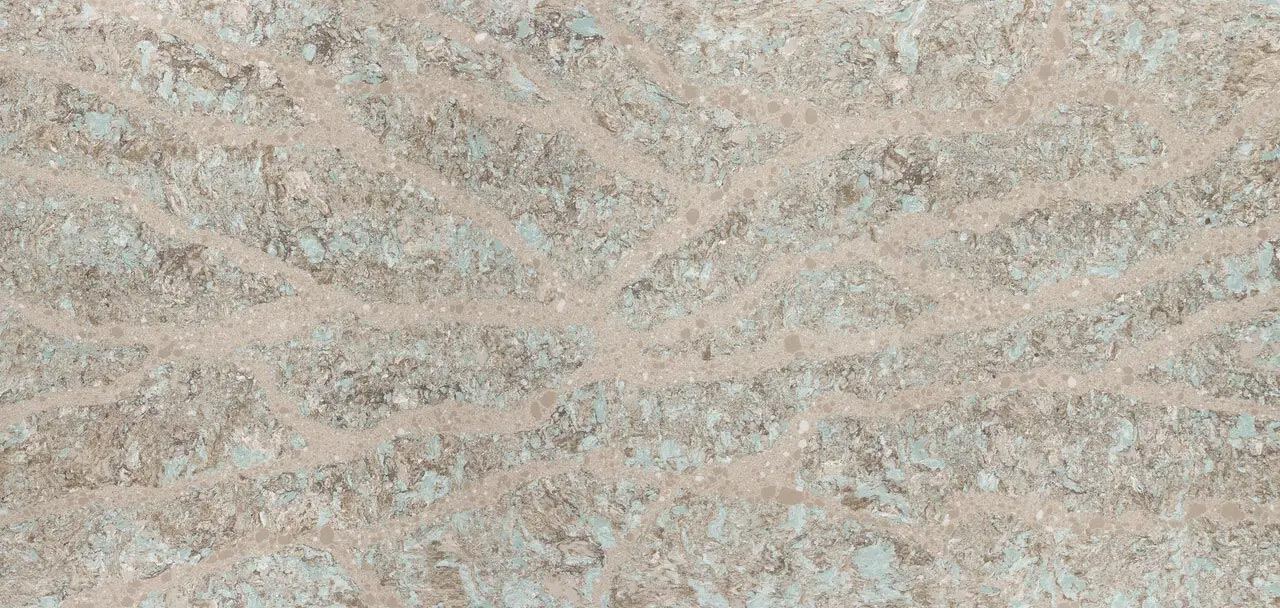 Cambria Quartz Kelvingrove countertops with taupe and teal patterning, perfect for kitchen countertops by Granite Guy Inc.