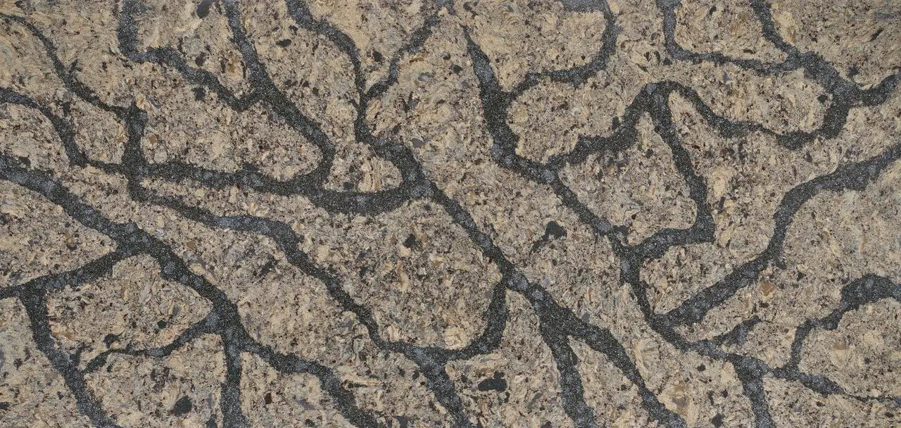 Cambria Quartz Langdon countertops with bold charcoal veining and tan pattern, perfect for kitchen countertops by Granite Guy Inc.