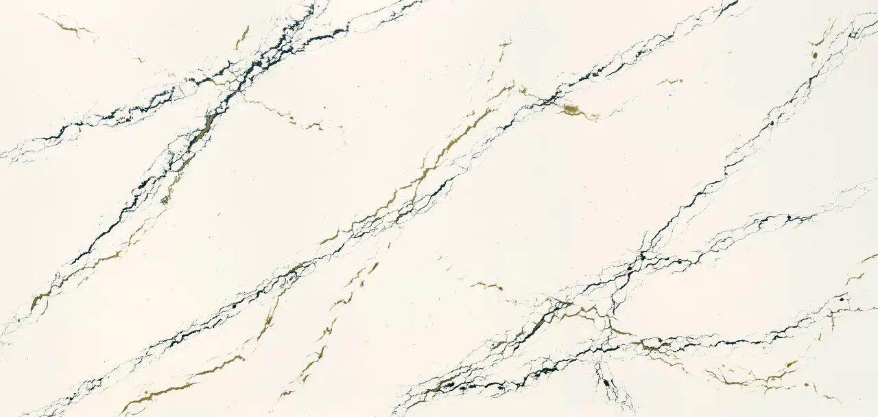 Cambria Quartz Oakleigh countertops with dramatic gold and gray veining, perfect for kitchen countertops by Granite Guy Inc.