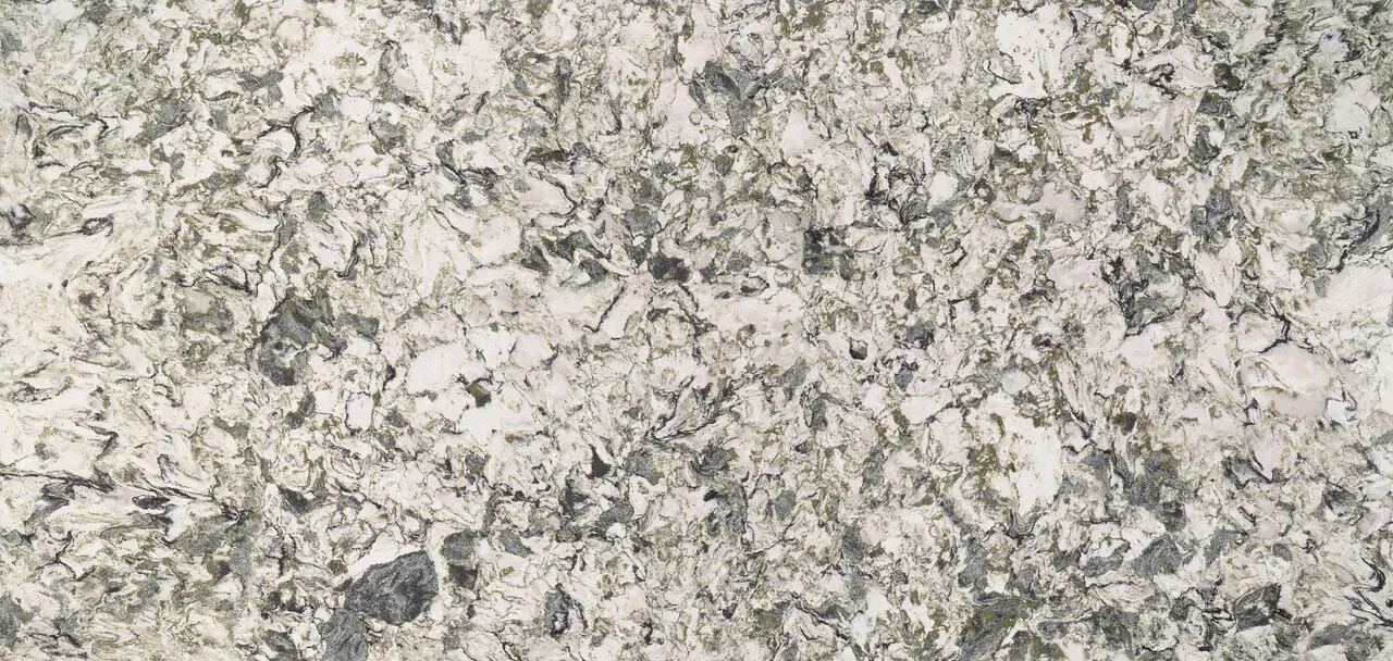 Cambria Quartz Sherwood countertops with white, gray, and green tones, perfect for kitchen countertops by Granite Guy Inc.