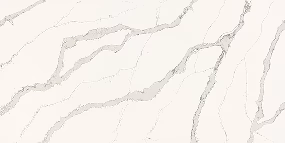 One Quartz Calacatta Wisteria countertops with bold gray veining on white, ideal for kitchen countertops. One Quartz by Granite Guy Inc.