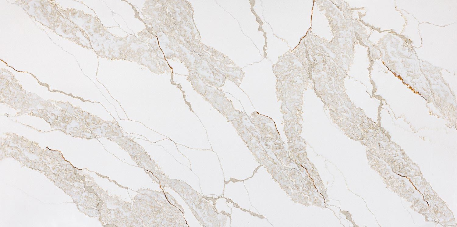 Vadara Quartz Moon Valley countertops with flowing beige and taupe patterns, ideal for kitchen countertops. Vadara quartz by Granite Guy Inc.