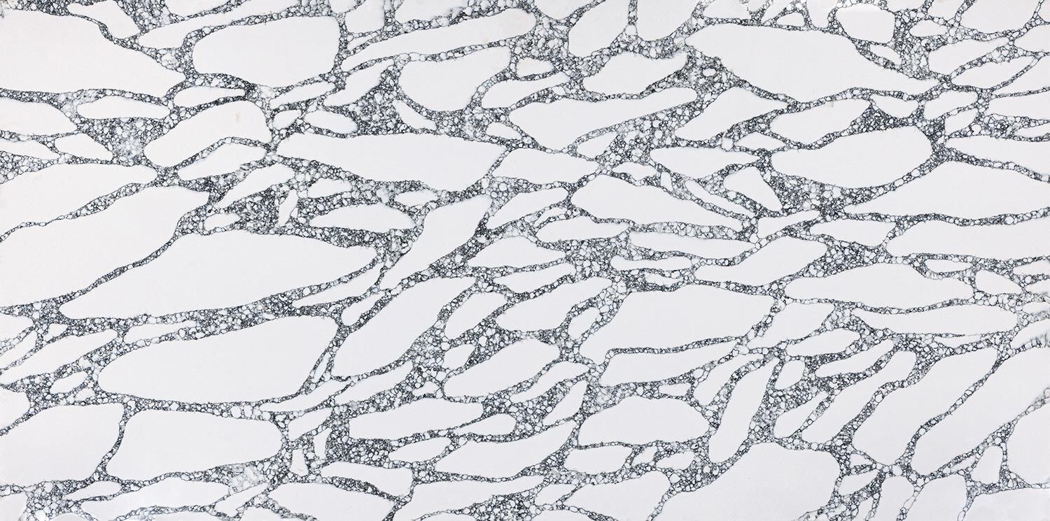 Vadara Quartz Nakoda countertops with bold black organic patterns, perfect for kitchen countertops. Vadara quartz by Granite Guy Inc.