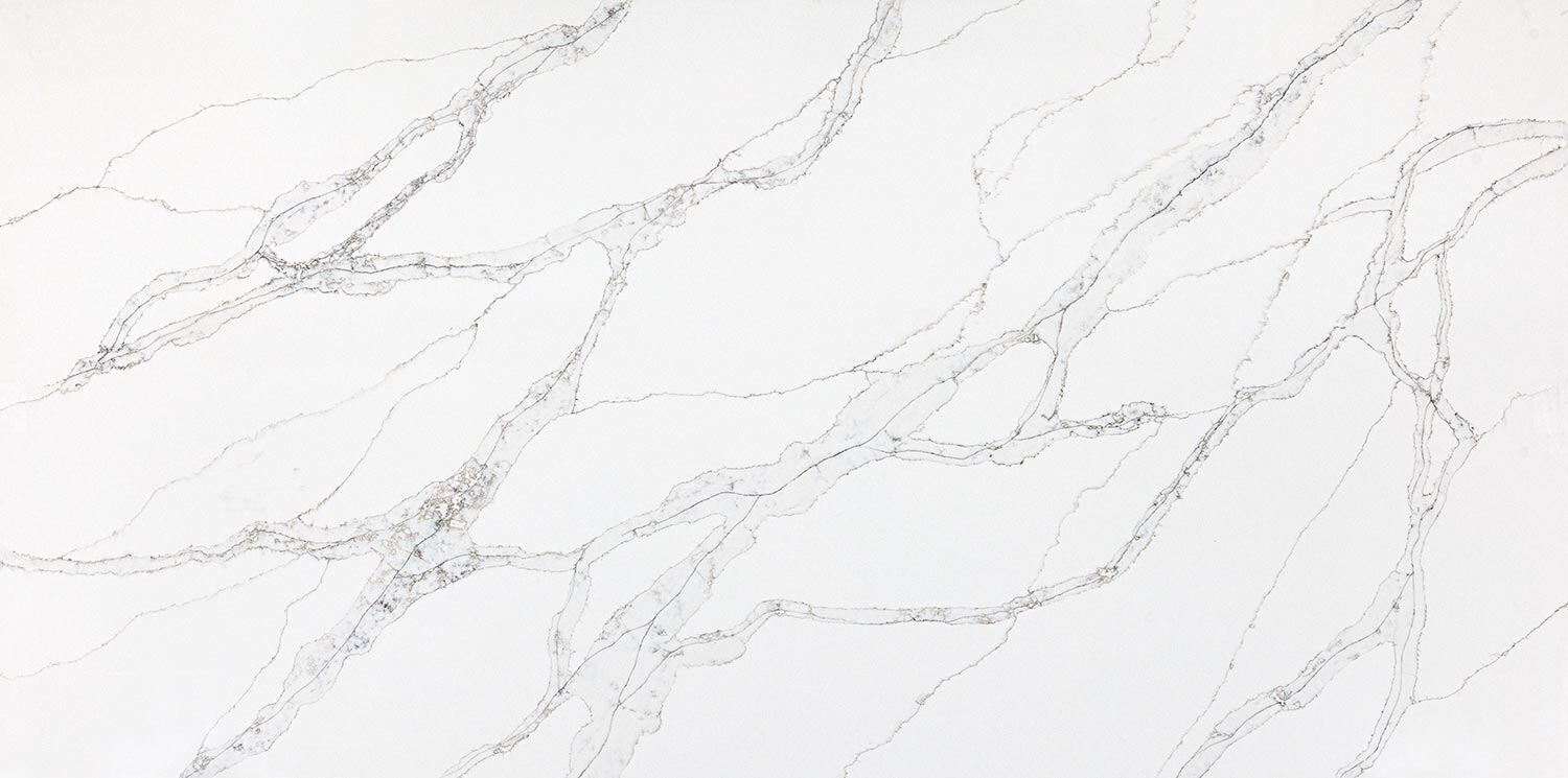 Vadara Quartz Phantom Trail countertops with fine gray veining, ideal for kitchen countertops. Vadara quartz by Granite Guy Inc.