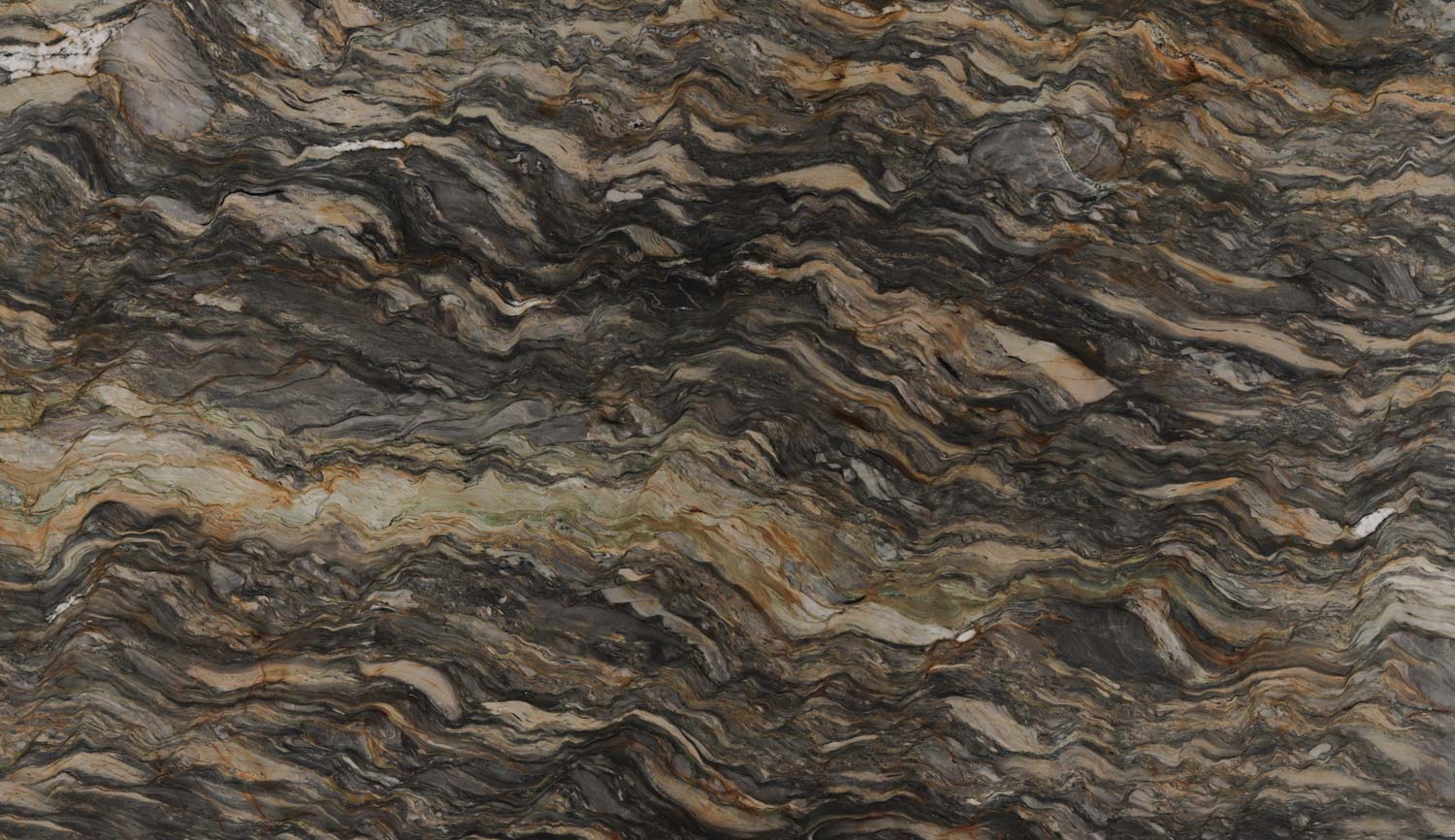 Cristallo quartzite countertops with a translucent white base and striking gold and brown veins, perfect for kitchen countertops by Granite Guy Inc.