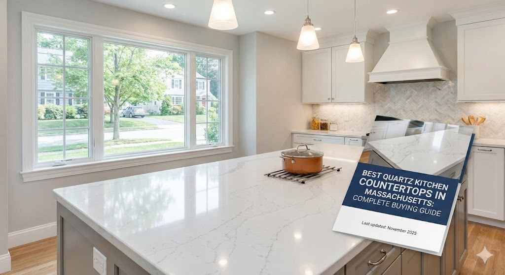Bright Massachusetts kitchen featuring a white quartz island with gray veining, illustrating the guide: Best Quartz Kitchen Countertops in Massachusetts Complete Buying Guide (Updated 2025).