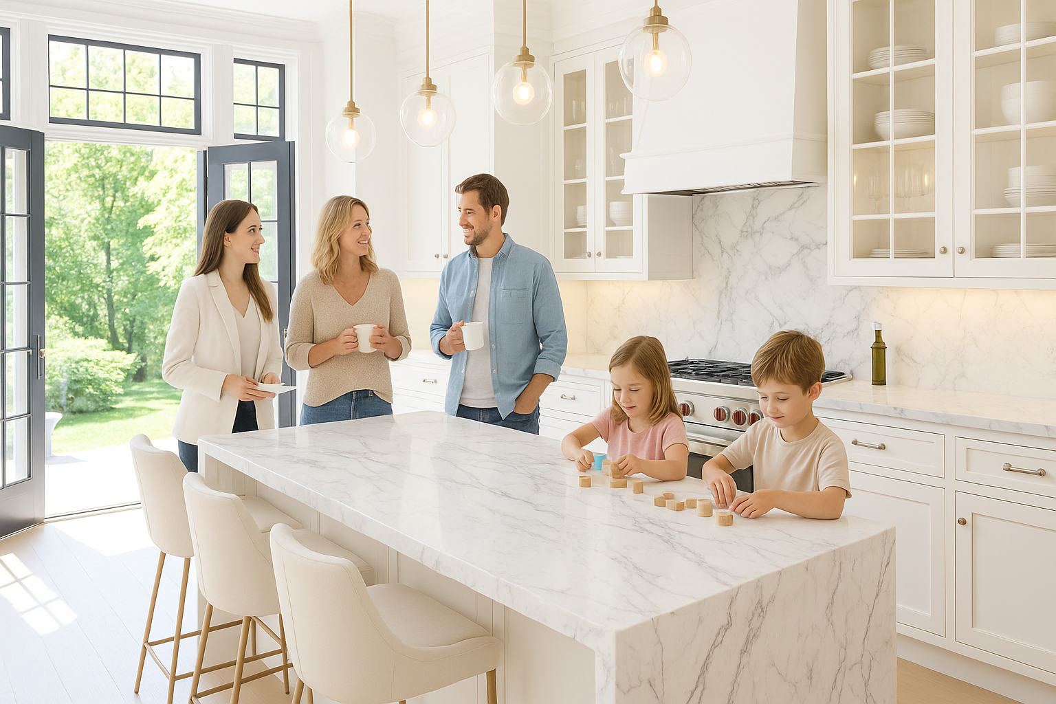 Bright white marble waterfall kitchen island in a New England-style home with a family enjoying morning coffee. Granite Guy Inc.