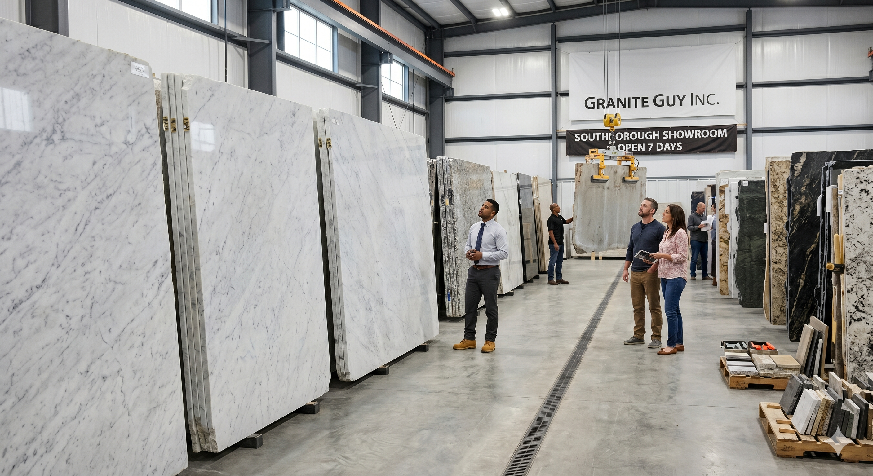 Carrara marble grades CD, C, and Extra slabs at Massachusetts fabricator showroom