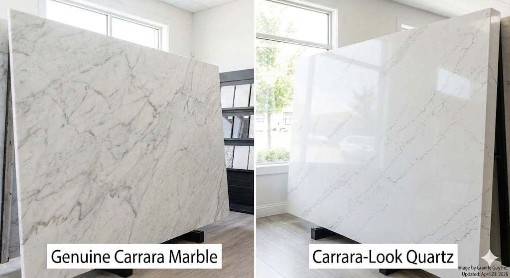Carrara marble vs quartz countertops comparison at Massachusetts fabricator showroom