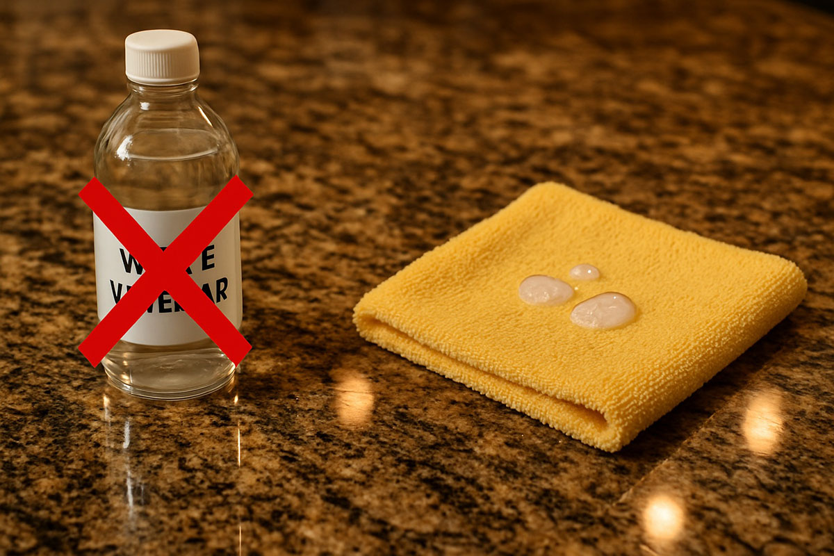 A split-screen style close-up of a polished granite kitchen countertop. On the left, a bottle labeled "WHITE VINEGAR" represents what to avoid. On the right, a spray bottle labeled "MILD SOAP & WATER" sits next to a blue microfiber cloth with soapy suds, demonstrating the safe cleaning method. Warm natural light highlights the texture of the stone.