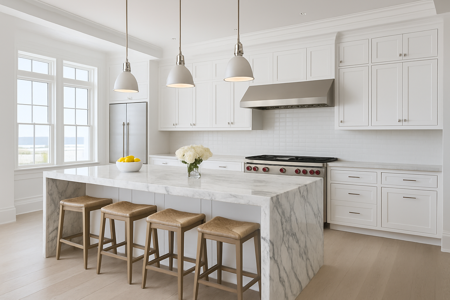 Bright coastal New England kitchen with white cabinets and a marble waterfall island, featuring kitchen countertops by Granite Guy Inc.
