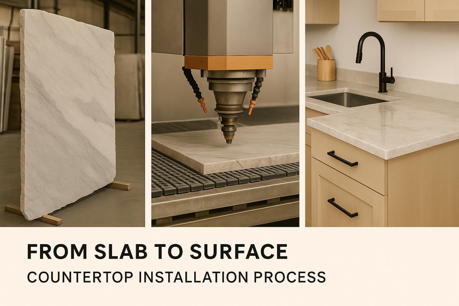 “From Slab to Surface Countertop Installation Process shown in three stages—raw stone slab, CNC cutting, and finished kitchen countertop by Granite Guy Inc.”