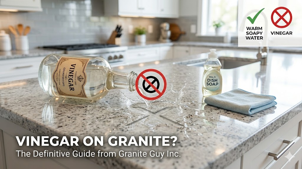 An infographic-style image comparing cleaning methods for granite countertops. A bottle of vinegar is shown pouring onto a grey, speckled granite surface, with the splash forming a large universal "no" symbol (a circle with a diagonal line through it). Text below reads "VINEGAR ON GRANITE? The Definitive Guide from Granite Guy Inc." To the right, a bottle of "MILD DISH SOAP" and a blue microfiber towel represent the correct method. In the top-right corner, a comparison chart shows a green checkmark next to "WARM SOAPY WATER" and a red "X" next to "VINEGAR," reinforcing the message.