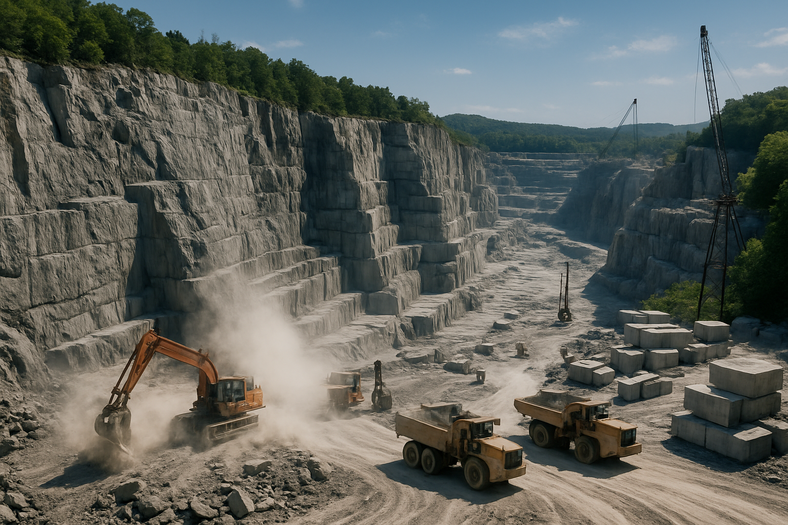 Granite quarry in the USA with heavy machinery extracting large stone blocks, showing stepped quarry walls and active excavation.