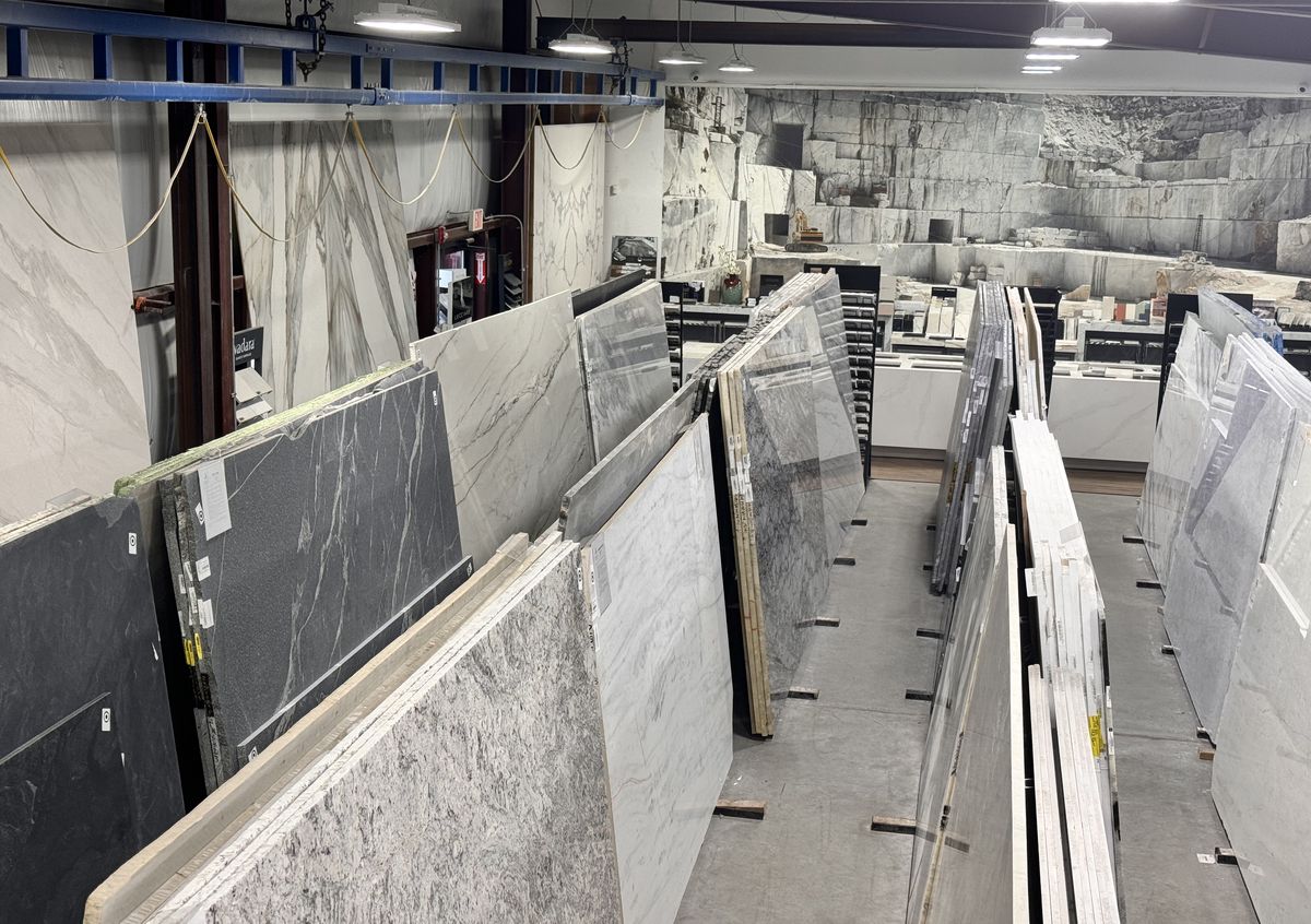 Granite and natural stone slabs in stock at the Granite Guy warehouse in Southborough, Massachusetts