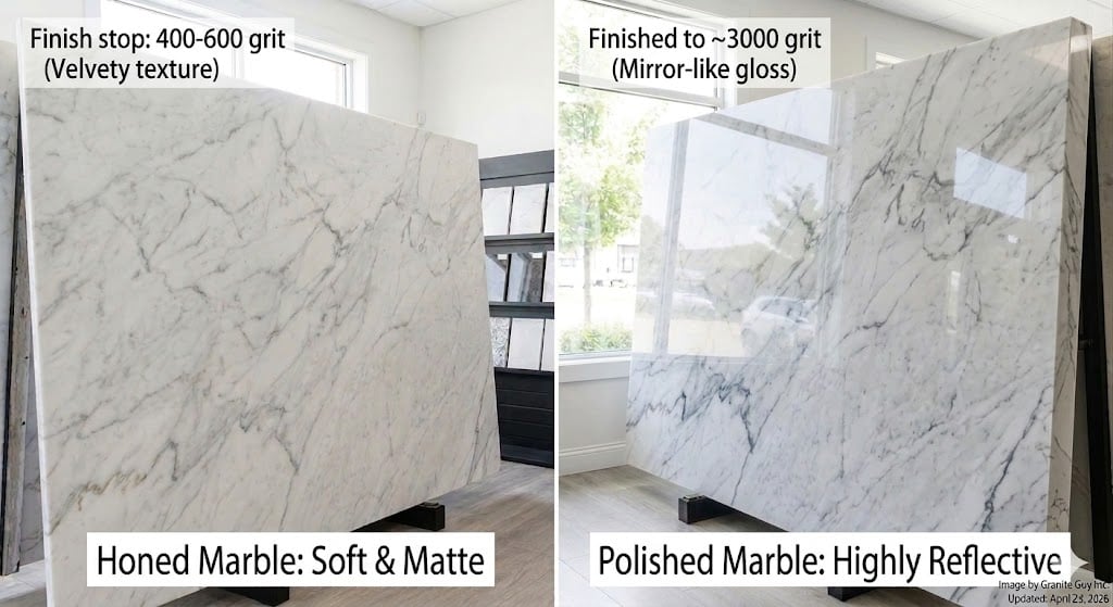 A side-by-side comparison of two large natural white marble slabs in a showroom. The left slab features a matte, non-reflective honed finish, and the right slab displays a high-gloss, highly reflective polished finish. Both slabs have white labels at the bottom identifying the finish.