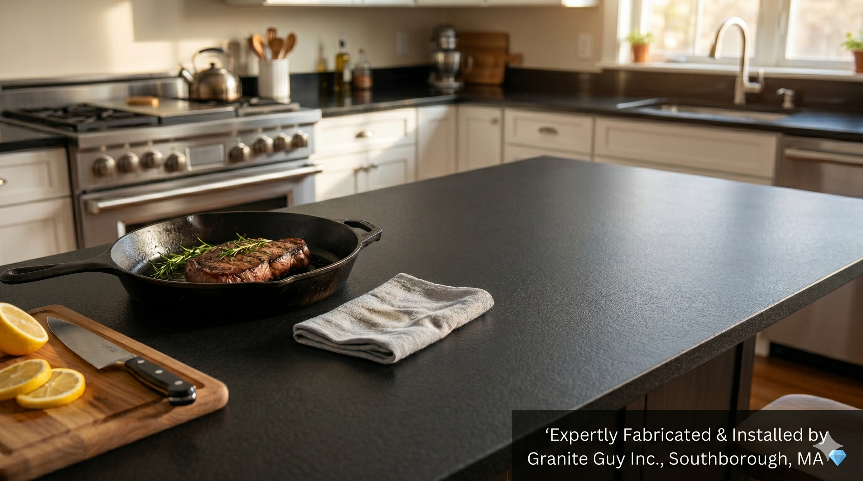 Close-up of a leathered absolute black granite kitchen island with a matte finish, featuring a hot cast iron skillet to demonstrate heat resistance.