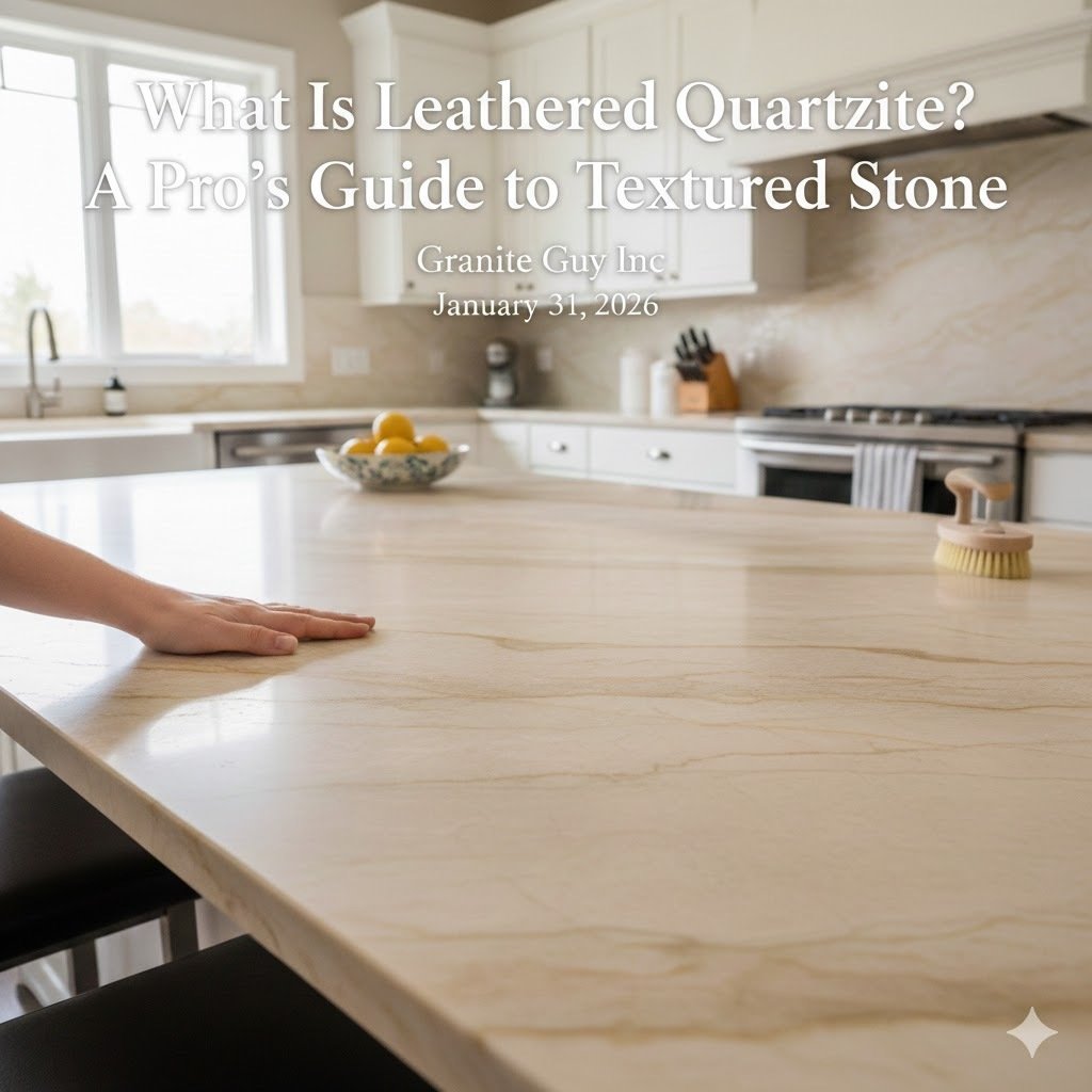 A close-up view of a leathered Taj Mahal quartzite kitchen island countertop in a bright Southborough, MA home, showing the unique matte texture and warm beige veining under a person's hand.