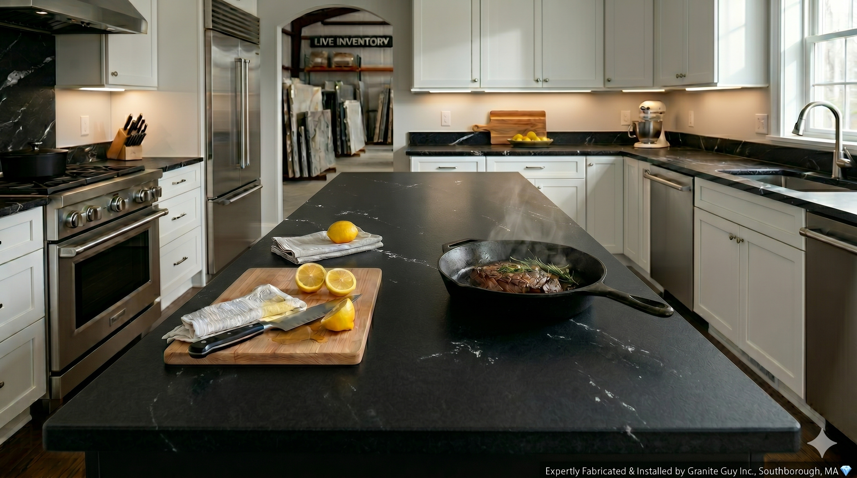 A detailed close-up of a leathered via lactea granite kitchen island featuring dramatic flowing white veining and a matte black background, with a cast iron skillet and steak to demonstrate heat resistance by Granite Guy Inc.