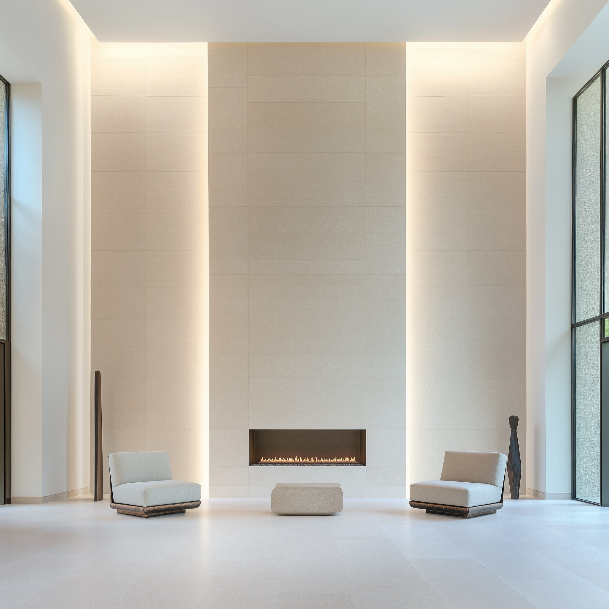 Modern living room with a large limestone fireplace wall, minimalist seating, and ambient lighting. Limestone fireplace by Granite Guy Inc.
