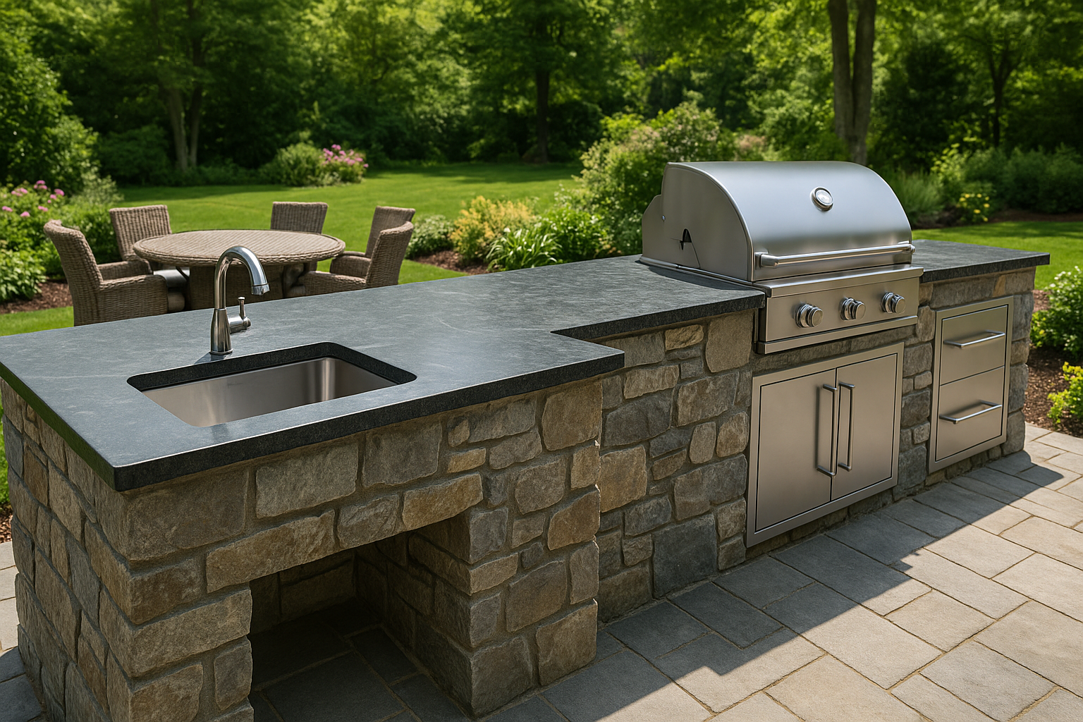 Luxurious New England-style outdoor kitchen with a soapstone countertop, stone base, stainless steel appliances, and a cozy backyard dining area.