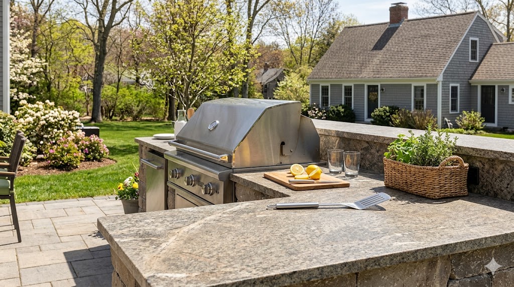 A photograph of a New England outdoor kitchen on a patio, showcasing a thick, durable granite countertop with a leathered finish. On the stone surface, lemons are sliced on a wooden board next to a stainless steel grill. The background features a green yard and a traditional Cape Cod-style house.