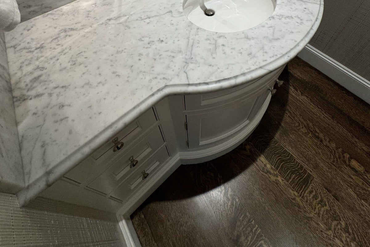 Ogee edge on a Carrara marble vanity in Wellesley, Massachusetts