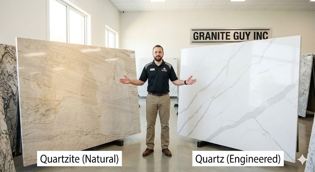 Side-by-side comparison of a natural Taj Mahal Quartzite slab next to an engineered White Quartz slab, held by an expert in a stone warehouse for Granite Guy Inc.