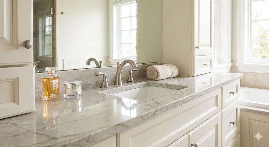 A luxurious bathroom vanity featuring a polished quartzite countertop with an undermount sink and perfume bottles sitting directly on the surface, showcasing its durability against etching.